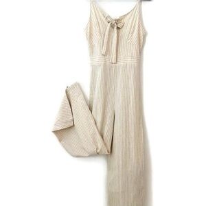 Japna Beige Linen Pinstripe Romper Jumpsuit Adjustable Straps Wide Leg size M